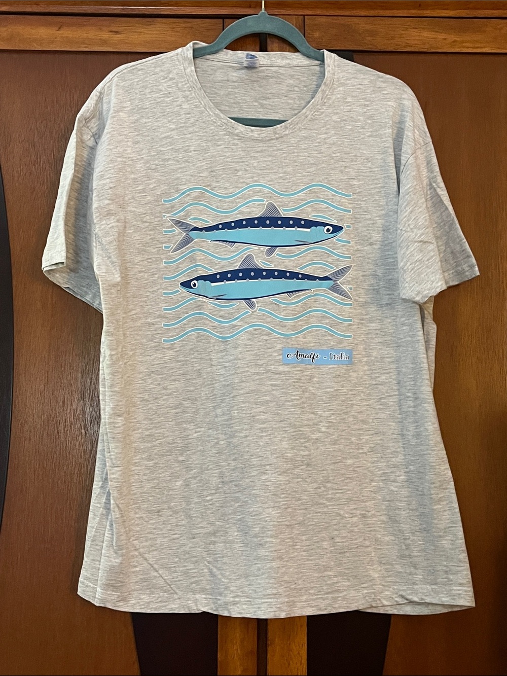 #43 - NWOT Gray Tee with Blue Amalfi Sardine Graphic